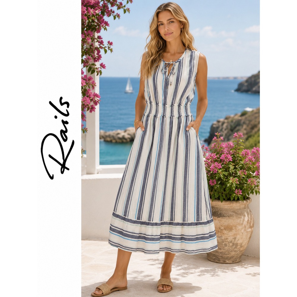 Rails Ashlyn Aegean Blue Stripe Linen Blend Smocked‎ Midi Dress Womens L Coastal